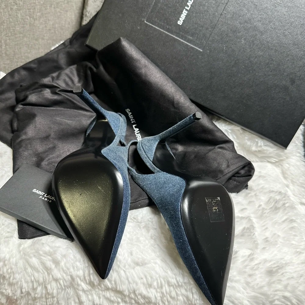Saint Laurent Women's Anja 85 Denim Slingback Pumps in Blue - Picture 4 of 5